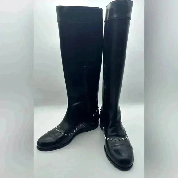 ALEXANDER McQUEEN Black Leather Metal Stud Detail Round-Toe Knee Boots 38 New* - Picture 5 of 16